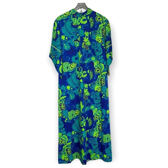 Vintage Handmade 60s Psychedelic Print Full Length High Neck Dress Large - Picture 1 of 11
